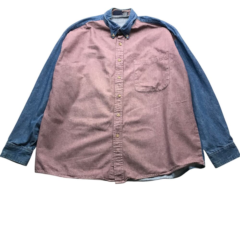 Vintage Bon Homme Button Down Denim Shirt Two Tone Mens Large Long Sleeve Pink